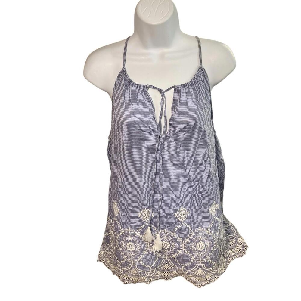 LOFT Top XL Blue Sleeveless Boho Embroidered White Tassel Coastal Resortwear